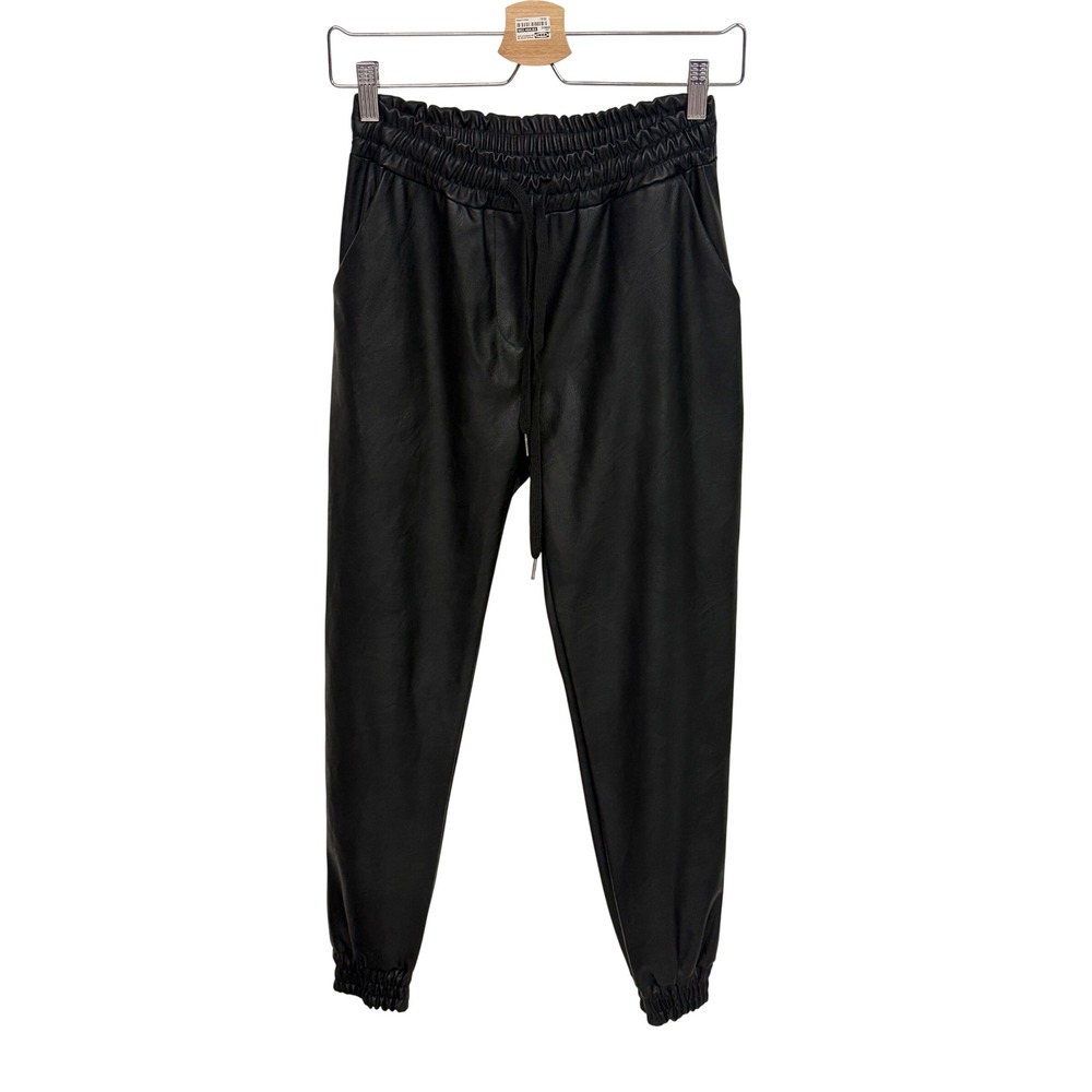 Made in Italy Black Faux Leather Joggers Elastic Waist Cuffed Pants ART 97800